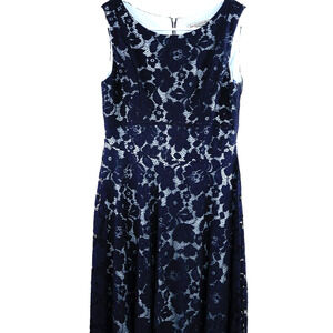 Danny & Nicole Lace Dress Womens 4 Navy Blue Sleeveless Fit & Flare Lined Formal